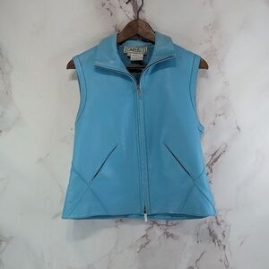 Vintage Leather Vest Womens Medium Blue Zip Turquoise Gilet Cropped 60s 80s Mod